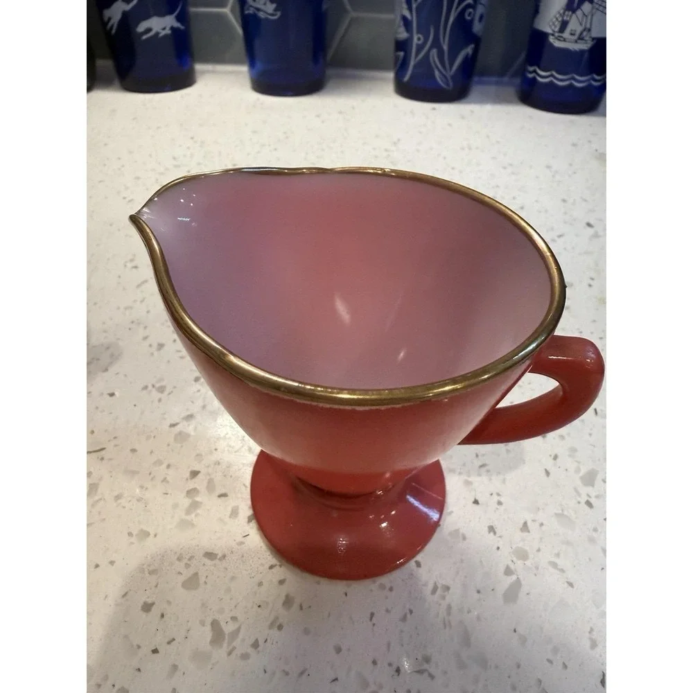 Hazel Atlas Ovide Raspberry Plum Pink Creamer And Sugar Mid Century Glass